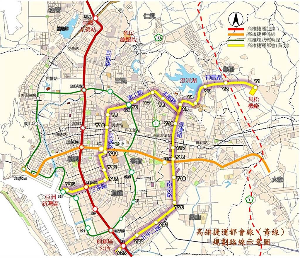 高雄市捷運黃線規劃路線圖。（圖片提供/高市府捷運工程局）