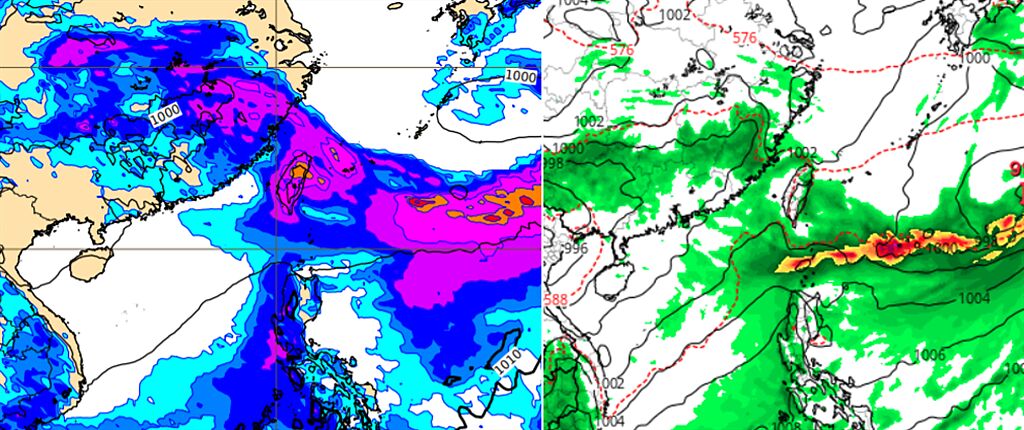 歐洲(ECMWF)模式及美國(GFS)模式，皆模擬下周日(20日)「梅雨滯留鋒」已重返台灣附近。(圖擷自ECMWF & tropical tidbits)


