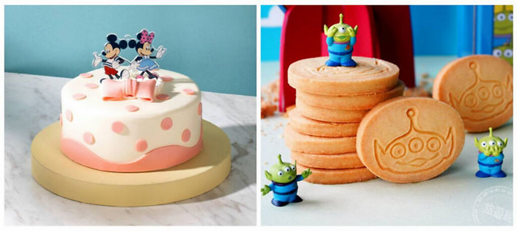 (左)迪士尼授權的蛋糕「米奇米妮款 太妃香草雪蛋糕」;(右)三眼怪大頭曲奇餅 (圖片/業者提供)