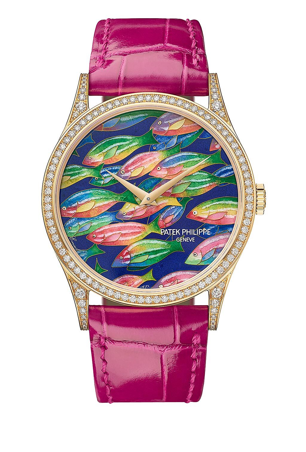 「School of Fish」腕表採用掐絲琺瑯工藝，鮮豔豐沛飽和的琺瑯詮釋五顏六色的魚群，更添美感。（Patek Philippe提供）