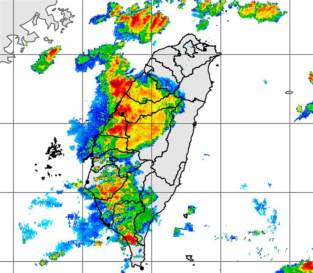 雷達回波圖顯示，台中、彰化、苗栗、南投一帶，有明顯降雨。（中央氣象局提供）