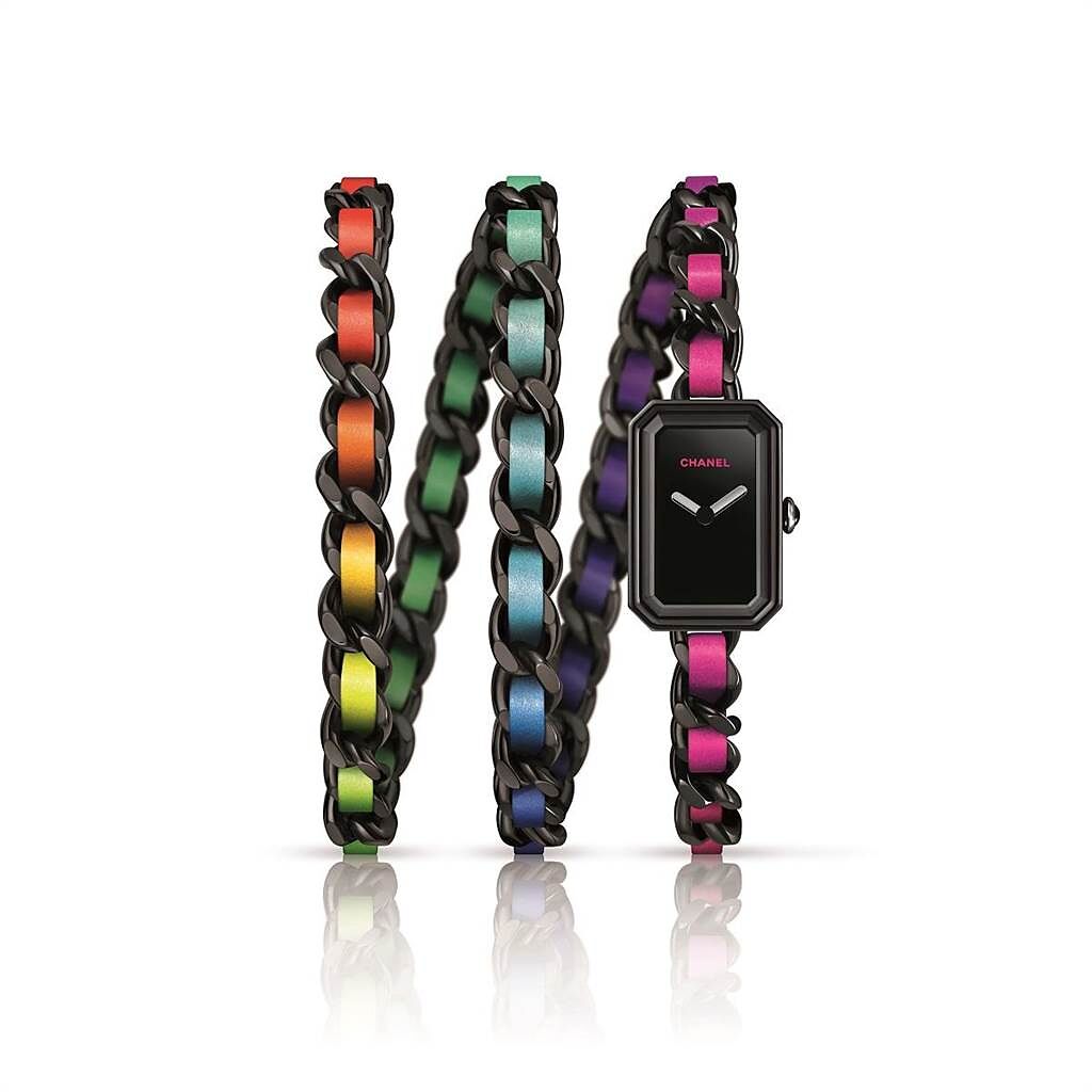 香奈兒Premiere Electro腕表，彩色電音的彩虹出現在表鍊上，限量555只，20萬元。（CHANEL提供）