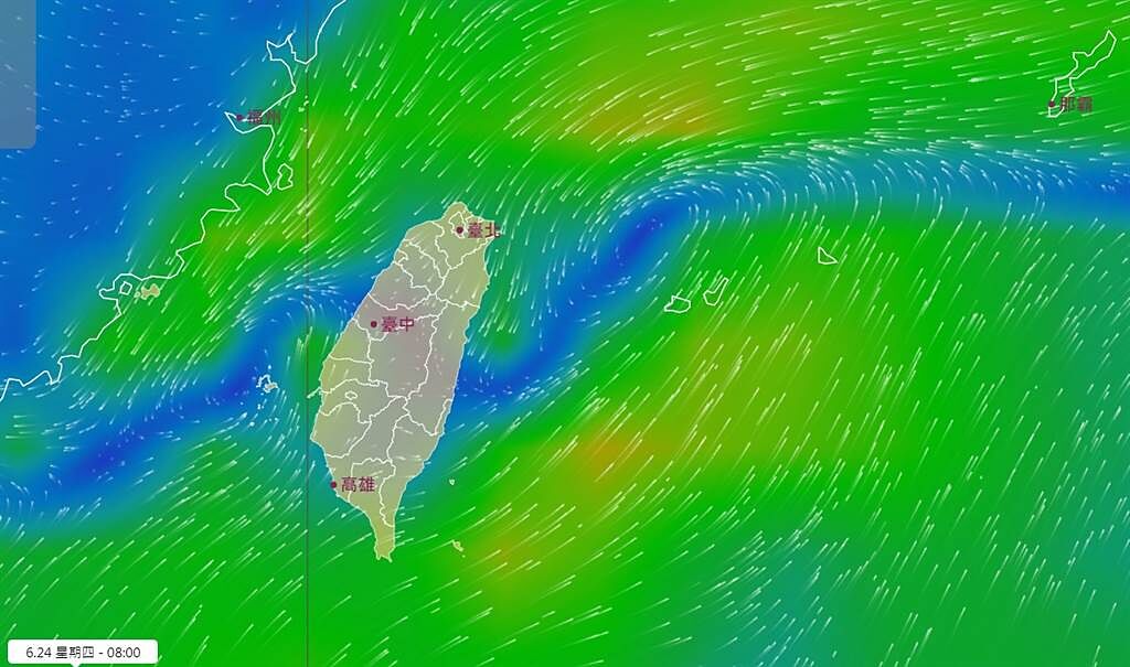 圖為風場預報顯示圖，鋒面就在台灣上空。（翻攝自鄭明典臉書）