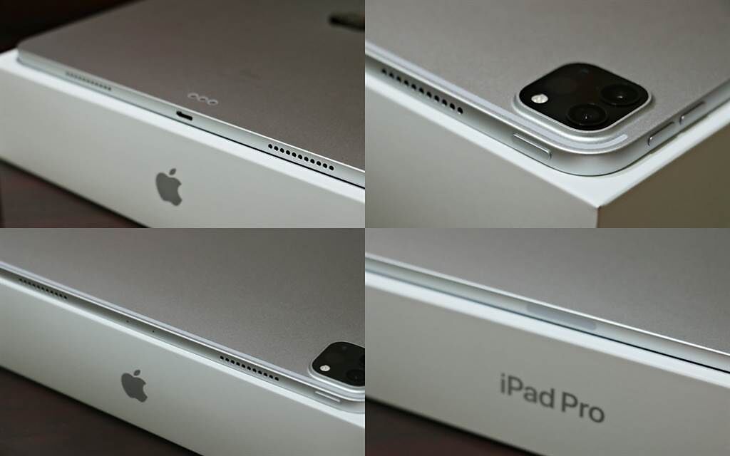 iPad Pro 12.9吋款式（第五代）機身細部照片，左右側都有兩個喇叭（共四個）、連接埠仍是USB-C，USB4以及Thunderbolt 4，頂端有吸附Apple Pencil的磁性區域。（黃慧雯攝）
