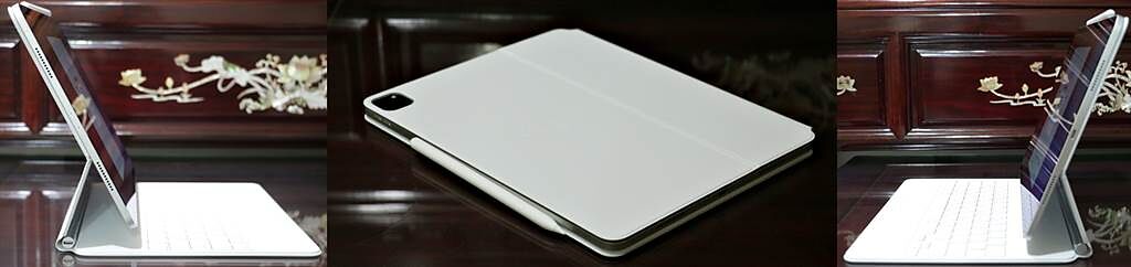 iPad Pro 12.9吋款式（第五代）搭配巧控鍵盤的右側、閉合狀態與左側。（黃慧雯攝）
