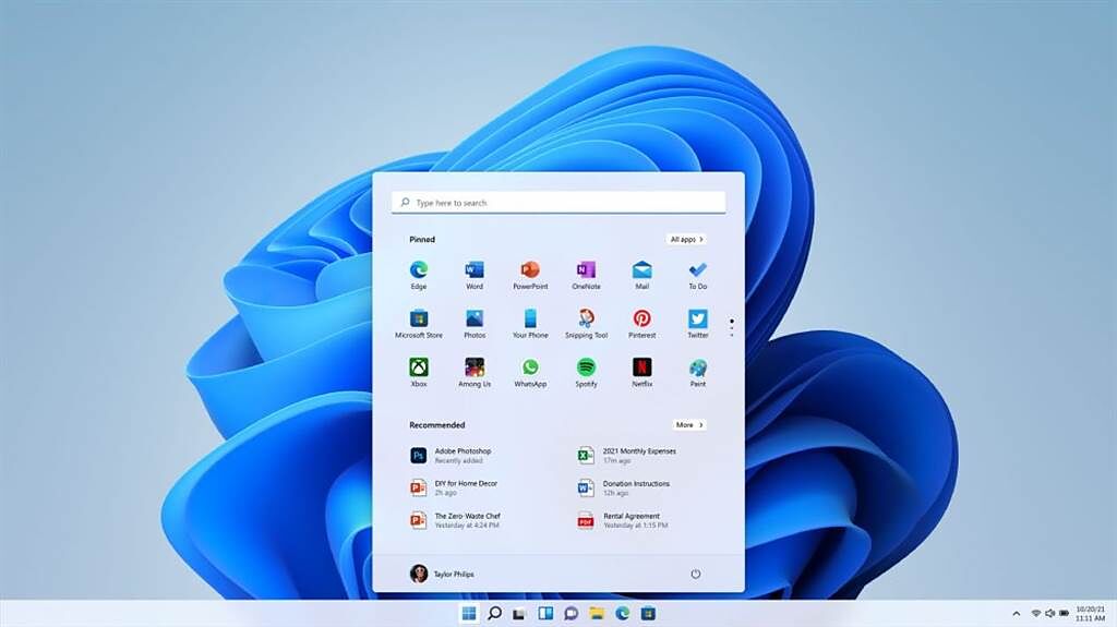 Windows 11 兼具全新、簡潔的介面及直觀的功能操作，能賦能使用者提升生產力並激發創造力。使用者可以透過點擊螢幕中央的「開始鍵」，更輕鬆、迅速地找到所需要的內容。（微軟提供／黃慧雯台北傳真）