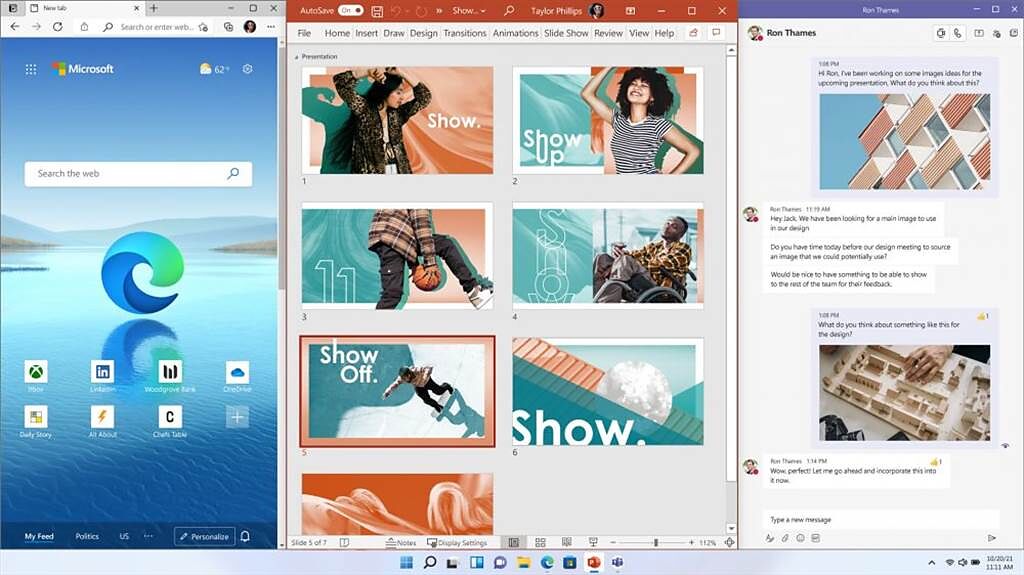 Windows 11 新增諸多全新功能，例如視窗佈局（Snap Layouts）、視窗群組（Snap Groups）和新的桌面（Desktops）等強大功能，這些新功能可以幫助使用者整理他們的視窗並優化螢幕空間，讓使用者多工作業變得更加靈活。（微軟提供／黃慧雯台北傳真）