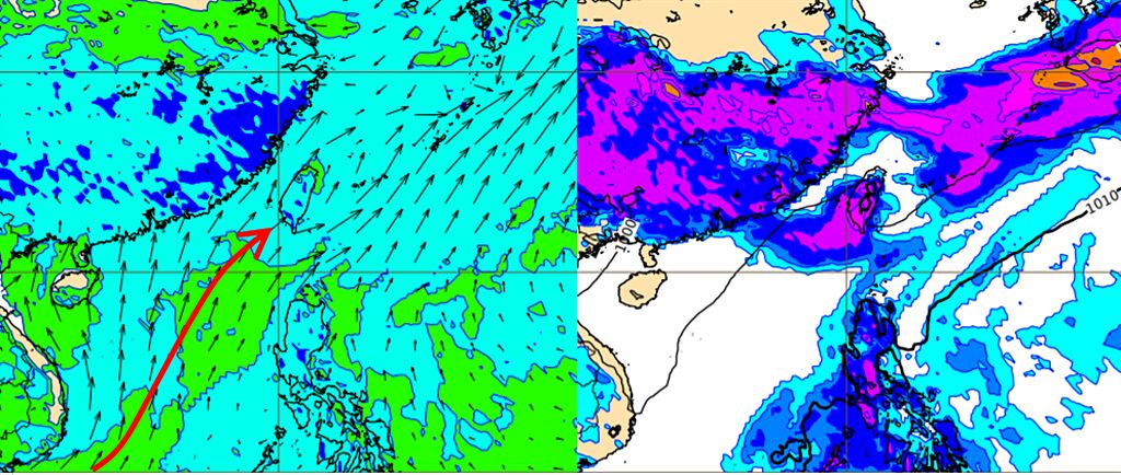 最新歐洲模式模擬，明天（28日）20時850百帕相對濕度及風場圖顯示，台灣處在西南季風環境(左圖)。模擬明天（28日）20時地面氣壓及雨量圖顯示，迎風面中南部有大量降雨(右圖)。(翻攝自 ECMWF)

