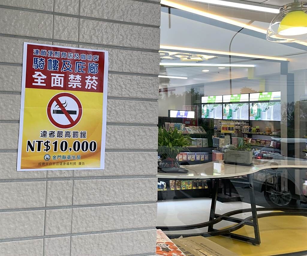 金門縣衛生局在連鎖超商及咖啡店騎樓張貼禁菸公告。（金門縣衛生局提供）