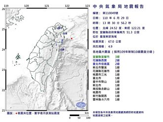 東部外海13：30規模4.9地震 最大震度宜蘭3級