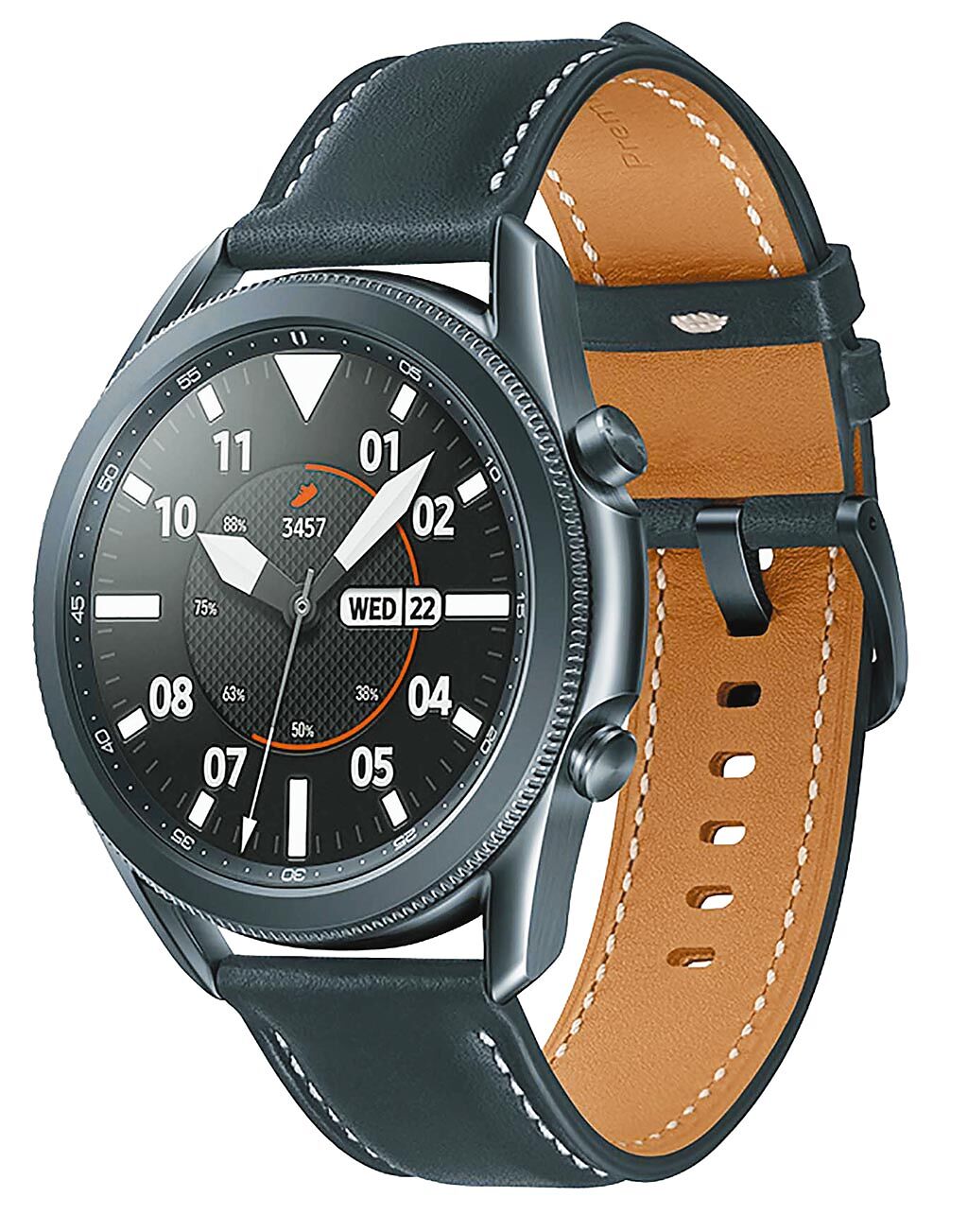 台灣三星明（1日）至8月31日期間推出Galaxy Watch3、Galaxy Watch Active2買就送夏日運動包組；Galaxy Watch3 星幻黑，定價1萬4500。（三星提供）