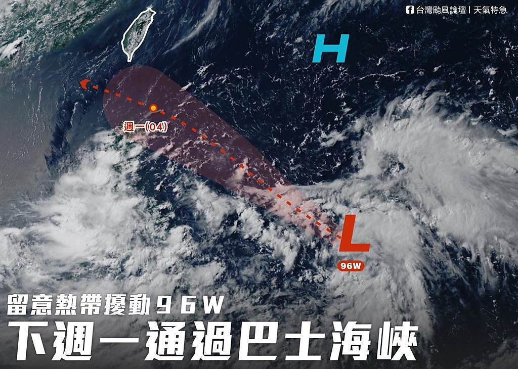 專家研判，低氣壓有機會進一步增強，發展成熱帶低氣壓甚至颱風，預計在下週一（5日）通過台灣南方。(摘自台灣颱風論壇臉書)