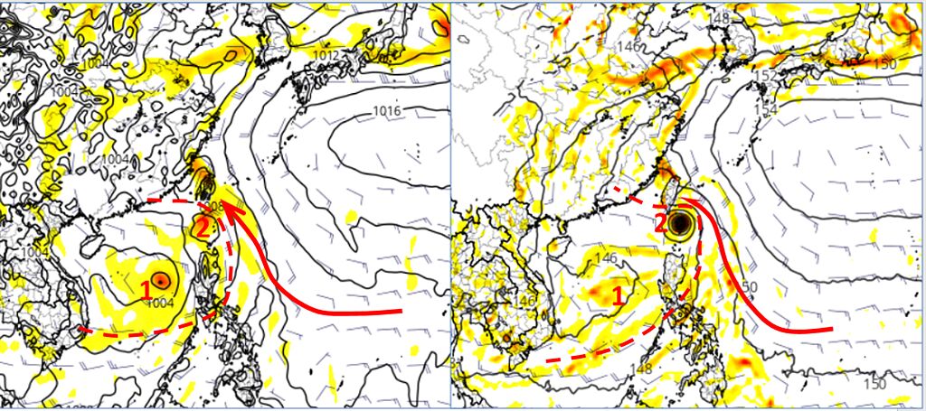 最新歐洲(ECMWF)模式模擬，周一(5日) 20時地面圖(左圖)顯示，有大而鬆散的「低壓環流」(紅虛線)進入南海；呈現2個環流中心，主中心(紅1)在南海發展，副中心(紅2)則在巴士海峽，台灣受東南風影響(紅箭)。美國(GFS)模式亦有類似的模擬(右圖)，但在巴士海峽的環流中心強度較強。(圖擷自tropical tidbits)

