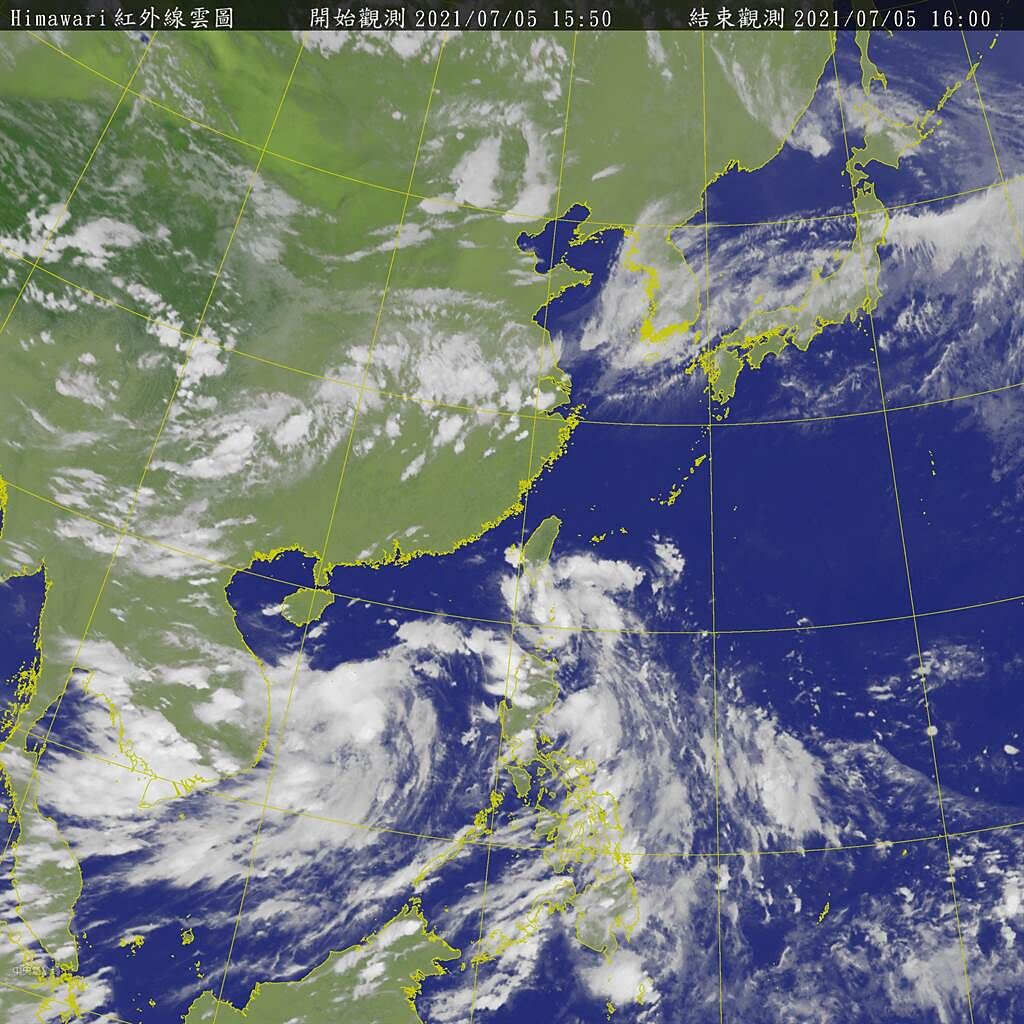 氣象局表示，今晚到明天上午間通過台灣南端近海來到台灣西南方海面，也是距離台灣最近的時候，這個熱帶性低氣壓在接近巴士海峽的過程中，強度會再增強，有機會發展為今年第6號輕度颱風「烟花」。（取自氣象局）