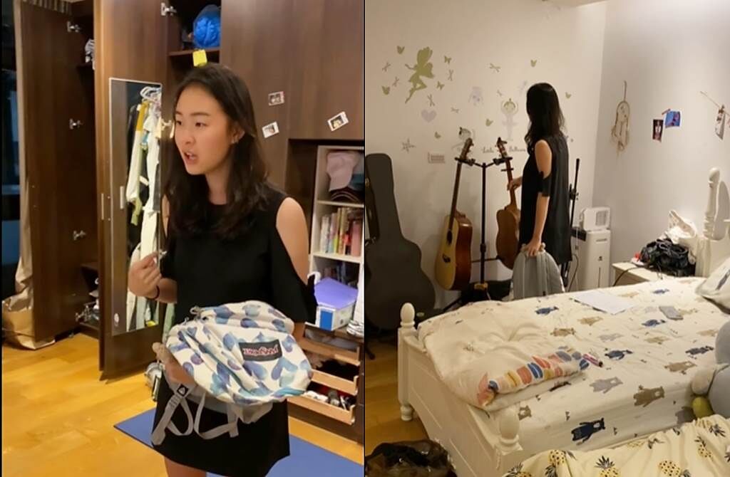 賈永婕小女兒小羽背後可見爆滿的衣櫃，和床邊有兩把吉他。（圖／翻攝自賈永婕的跑跳人生臉書）