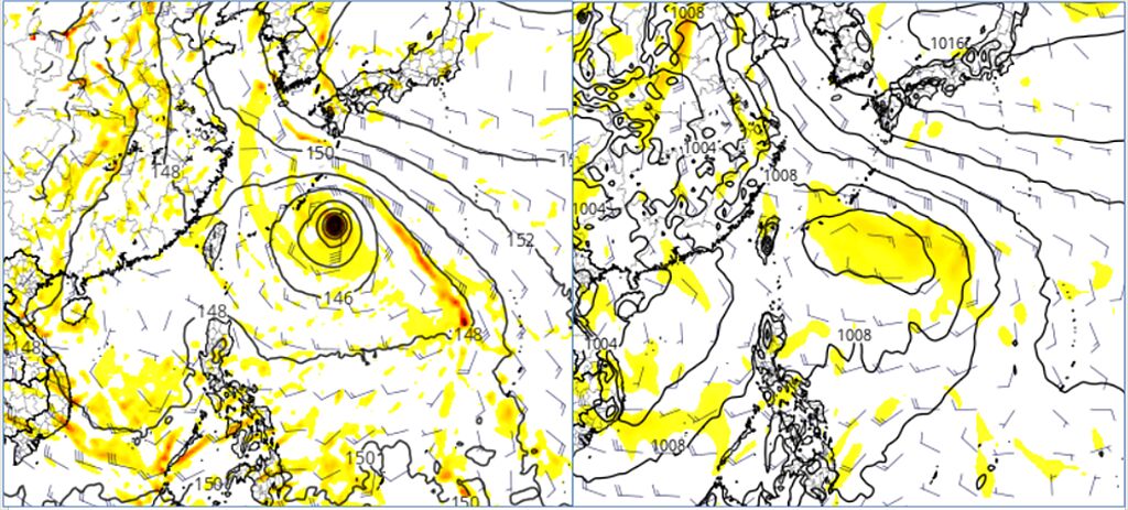 最新(12日20時)美國(GFS)模式，模擬19日20時850百帕風場及高度場(左圖)顯示，「季風低壓」東側熱帶擾動發展，已有颱風的強度；歐洲(ECMWF)模式模擬的位置相近、強度則較弱(右圖)。(圖擷自tropical tidbits)

