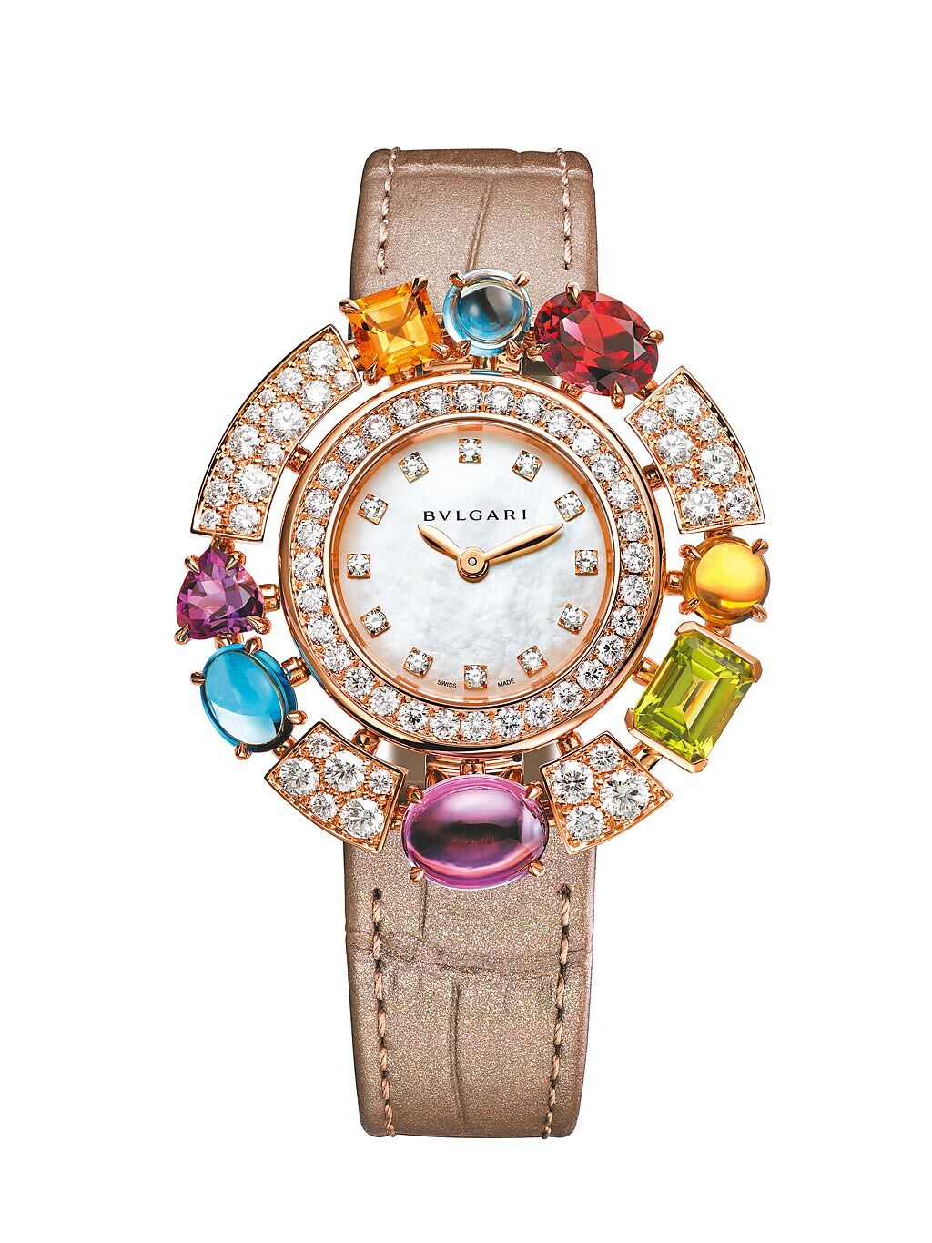麗晶精品新品「BVLGARI Allegra玫瑰金彩寶腕表」，89萬6000元。（麗晶精品提供）
