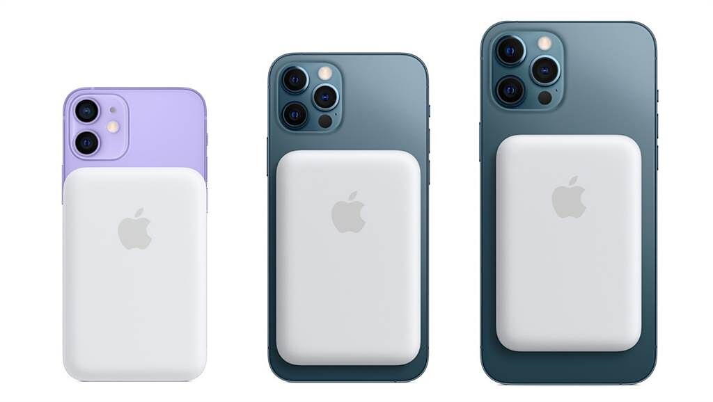 iPhone 12系列（iPhone 12 mini、iPhone 12/iPhone 12 Pro、iPhone 12 Pro Max）搭配MagSafe外接式電池的比例。（摘自蘋果官網、黃慧雯製）
