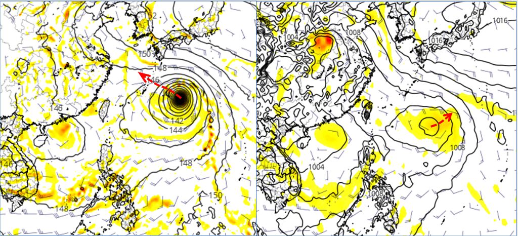 最新(14日20時)美國(GFS)模式模擬周日(18)日20時，熱帶擾動已有颱風強度，在日本琉球東方海面(左圖)，模擬路徑(紅虛線)向西北朝東海前進。歐洲(ECMWF)模式模擬同一時間，熱帶擾動在日本琉球東南方海面醞釀發展(右圖)，未來則向東北遠離(紅虛線)。(圖擷自tropical tidbits)

