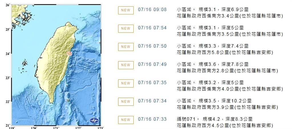今早花蓮連15震，氣象局表示，未來兩周內仍有餘震。（圖／翻攝自中央氣象局）