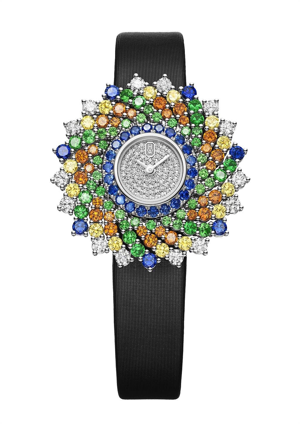 台北101獨家Harry Winston萬花筒Kaleidoscope頂級珠寶時計，首度抵台，鑲有227顆鑽石與有色寶石，寶石總重約7.66克拉，價格店洽。（台北101提供）