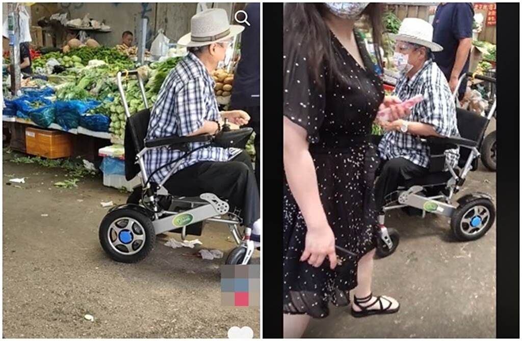 洪金寶坐輪椅現身菜市場，一旁還有女子阻擋民眾偷拍。(取自抖音)