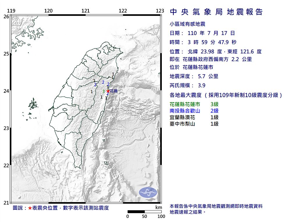 17日3時59分發生芮氏規模3.9地震，，震央位於花蓮縣政府附近。（圖取自氣象局網頁）
