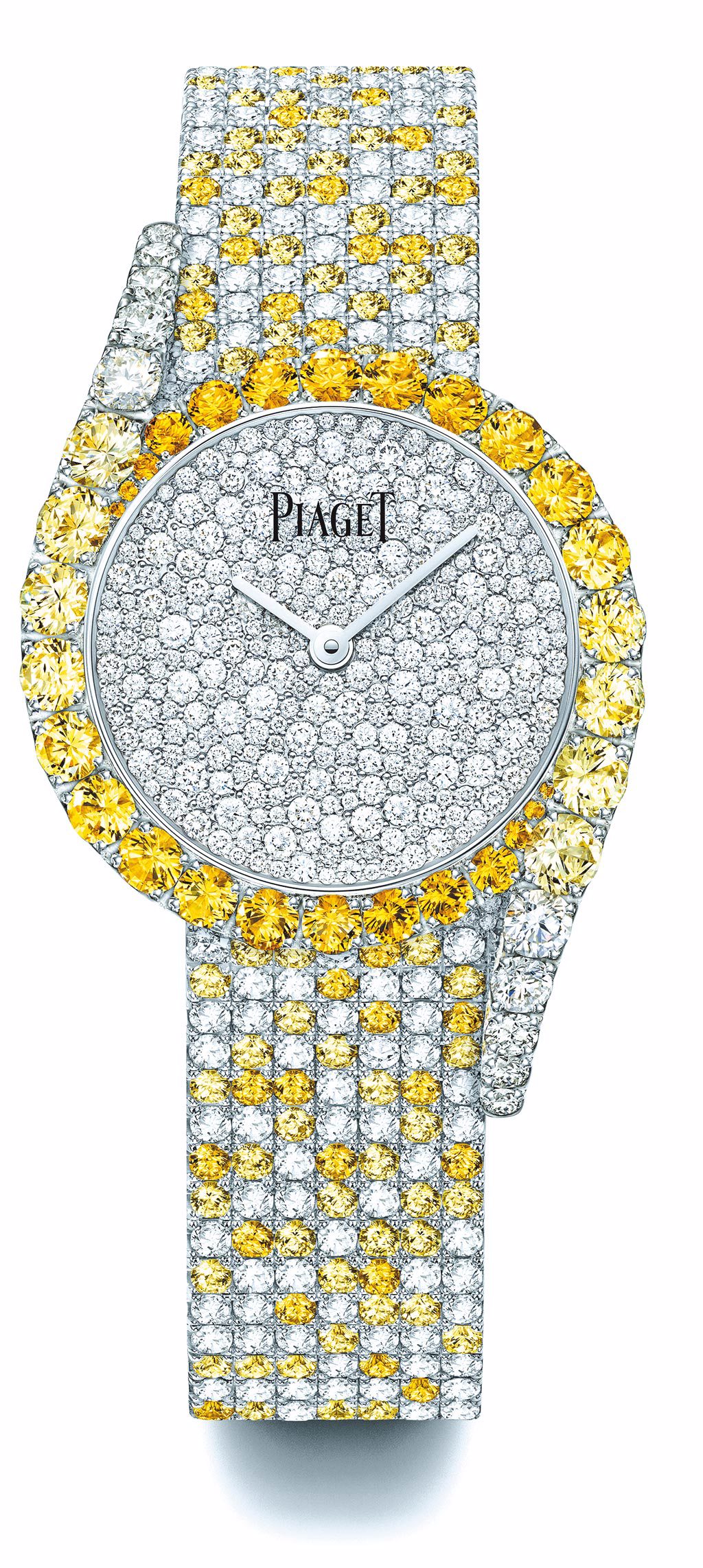 台北101 PIAGET Limelight Gala系列18K白金黃色藍寶石鑲鑽高級珠寶腕表，全球限量8只，710萬元。（台北101提供）