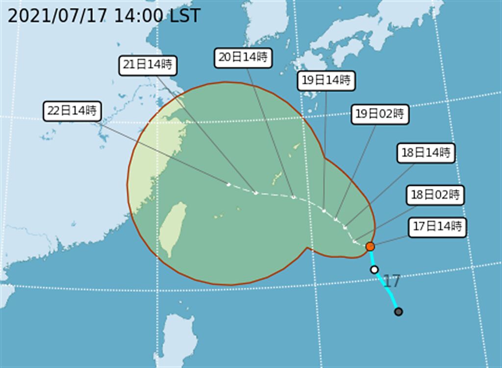 熱帶性低氣壓（TD08），正朝著西北方向前進，最快今（17日）晚就會發展成為第6號颱風「烟花」。(氣象局提供)