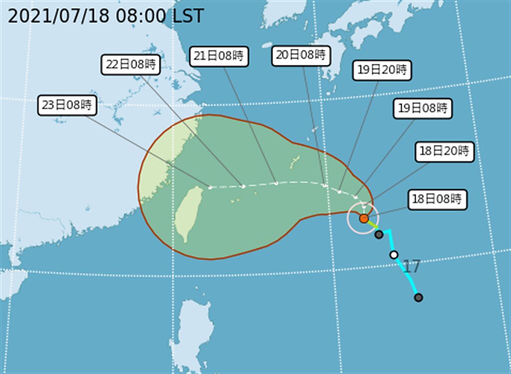 「烟花」颱風侵台灣機率大增，周三、四發海陸警，北部地區首當其衝。（翻攝自氣象局）

