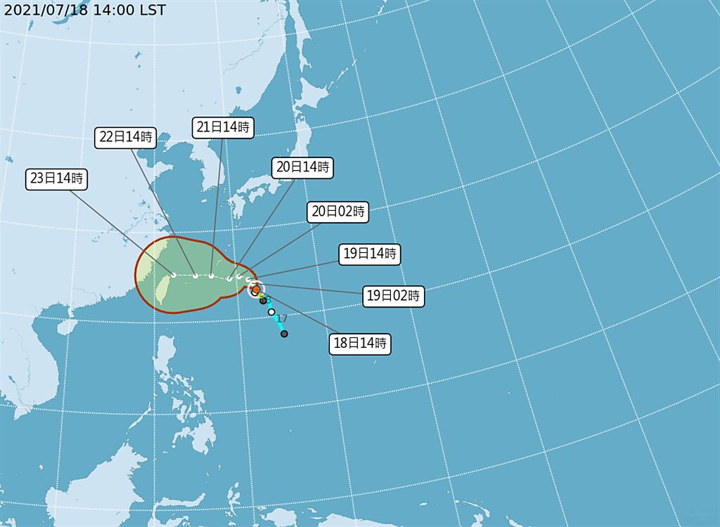 今年第六號颱風烟花今(18)日凌晨已經生成，由於路徑往南修正，氣象專家、前氣象主播李富城表示，颱風穿越台灣的機率很高，而且強度可能達到強烈颱風。(圖/氣象局)