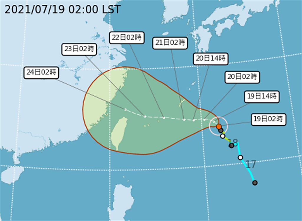 周二至周四受烟花颱風外圍環流影響，周四颱風逐漸接近，周五最接近台灣，周六逐漸遠離但仍有較大雨勢。（翻攝自氣象局）
