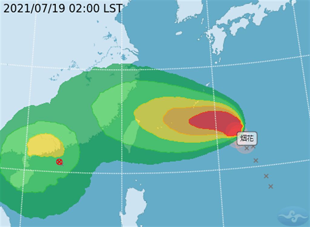 圖為烟花颱風未來5天內七級風暴風圈侵襲機率圖，基隆市最高達41%、宜蘭縣40%、雙北各39%。（翻攝自氣象局）