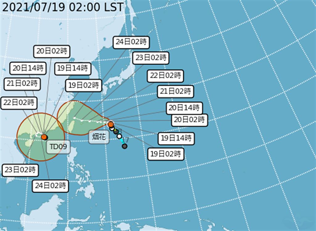 圖為熱低壓TD09與烟花颱風預測路徑，TD09在廣東海面打轉，烟花路徑北昨天（18日）往北偏。（翻攝自氣象局）