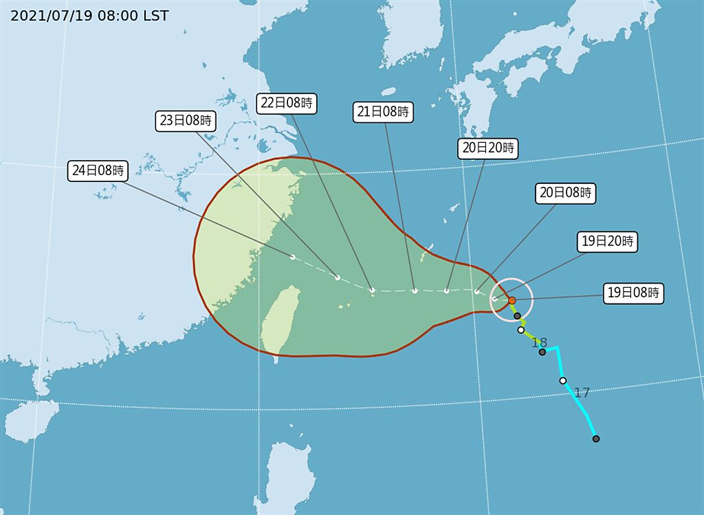 中央氣象局預估，「烟花」明天就會增強為中度颱風，最快周三(21)起有機會發布海上颱風警報，假設未來路徑更接近台灣，不排除周四(22)發布陸警。（取自氣象局）
