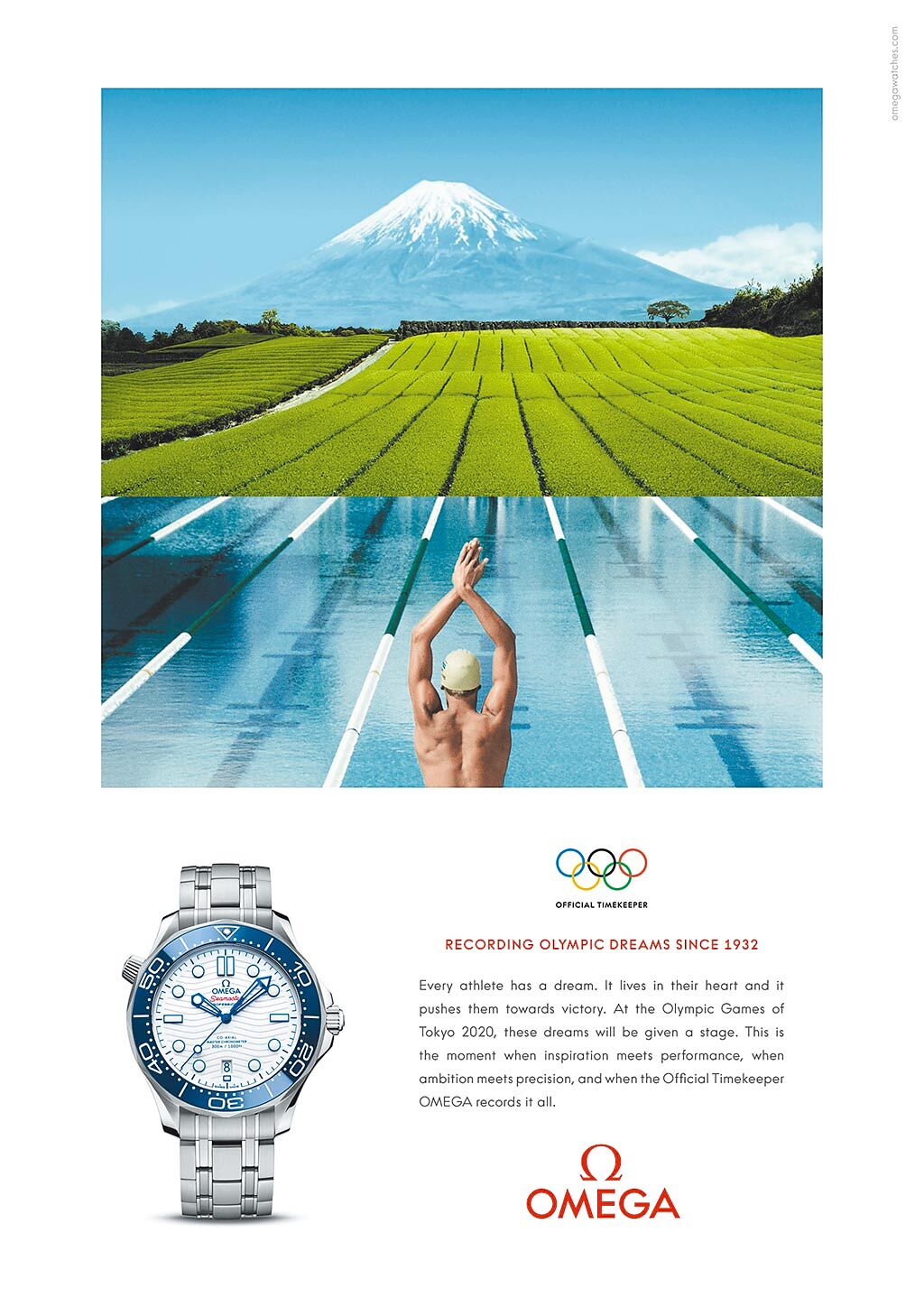 OMEGA贊助奧運形象廣告，泳道連接日本的茶園，一路延綿至遠方的富士山，意境深遠。（OMEGA提供）