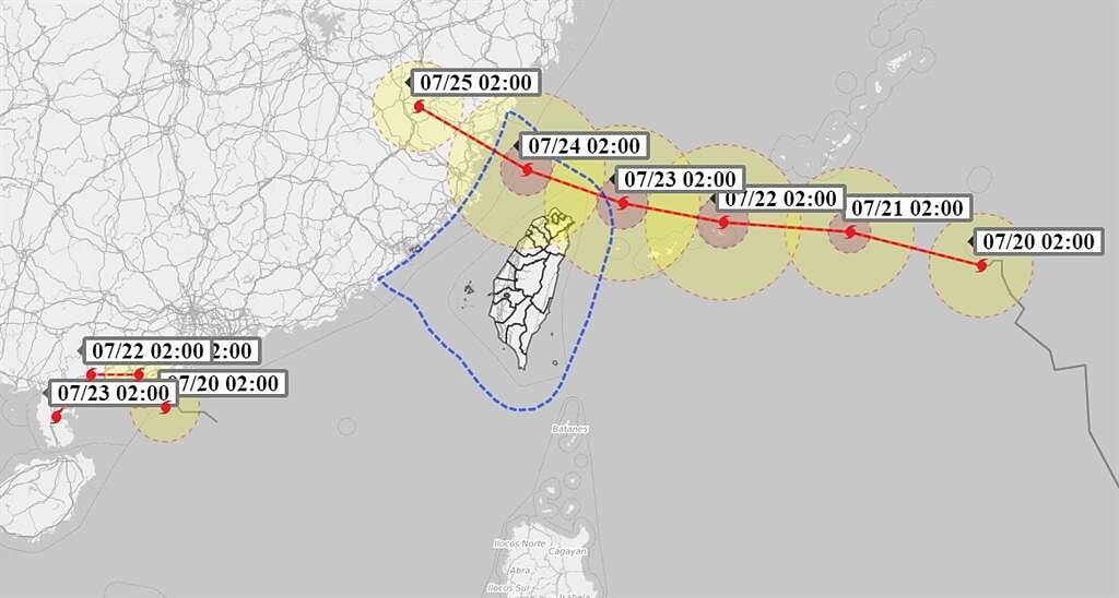 烟花向西北西逐漸接近台灣，周五、周六颱風暴風圈很有機會碰觸陸地，如果登陸，雨勢會更強烈，預計雨勢以中部以北、東北部最劇烈。（翻攝自彭啟明臉書）
