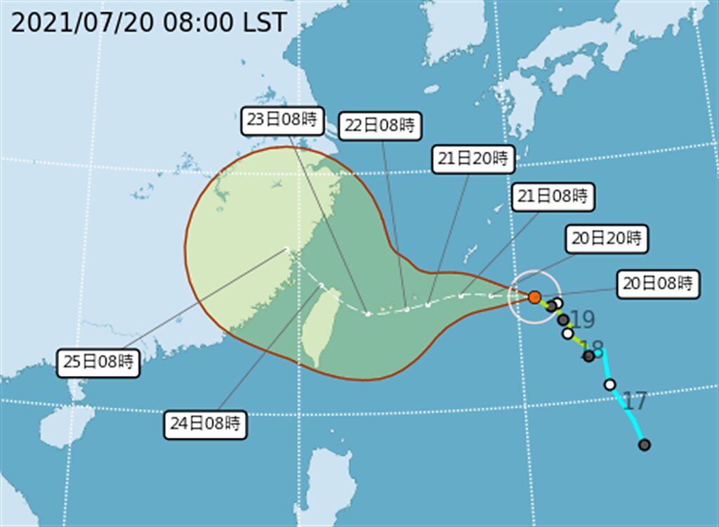 氣象局上午8點烟花颱風路徑潛勢預報指出，颱風從東北角至宜花附近登陸，最後從西北方向離開台灣。（翻攝自氣象局）