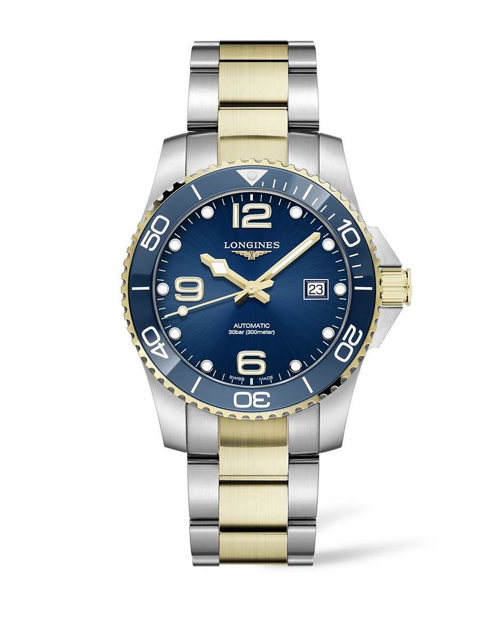 浪琴表HydroConquest深海征服者系列藍面不鏽鋼金色PVD腕表，5萬8800元。（Longines提供）