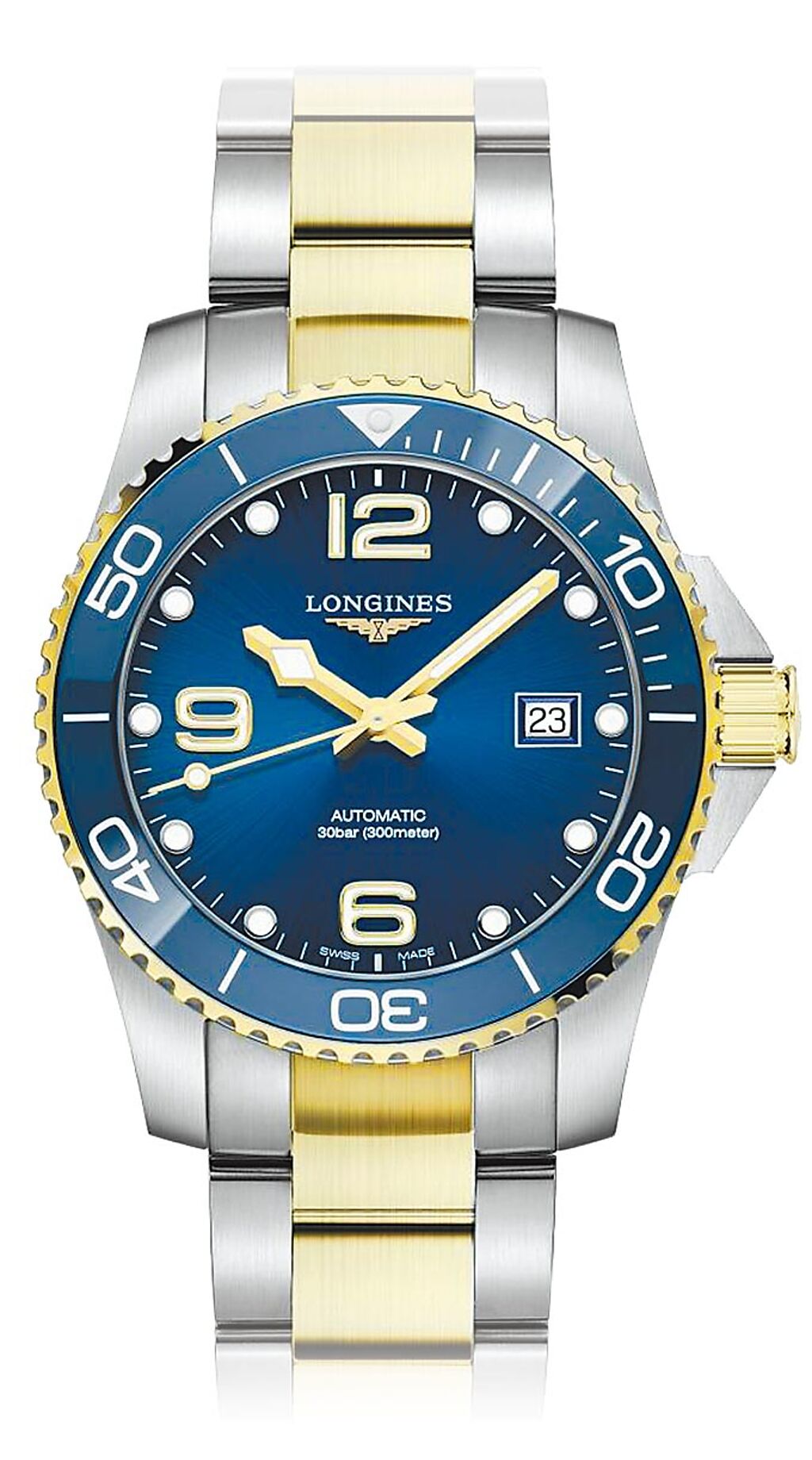 浪琴表HydroConquest深海征服者系列藍面不鏽鋼金色PVD腕表，5萬8800元。（Longines提供）