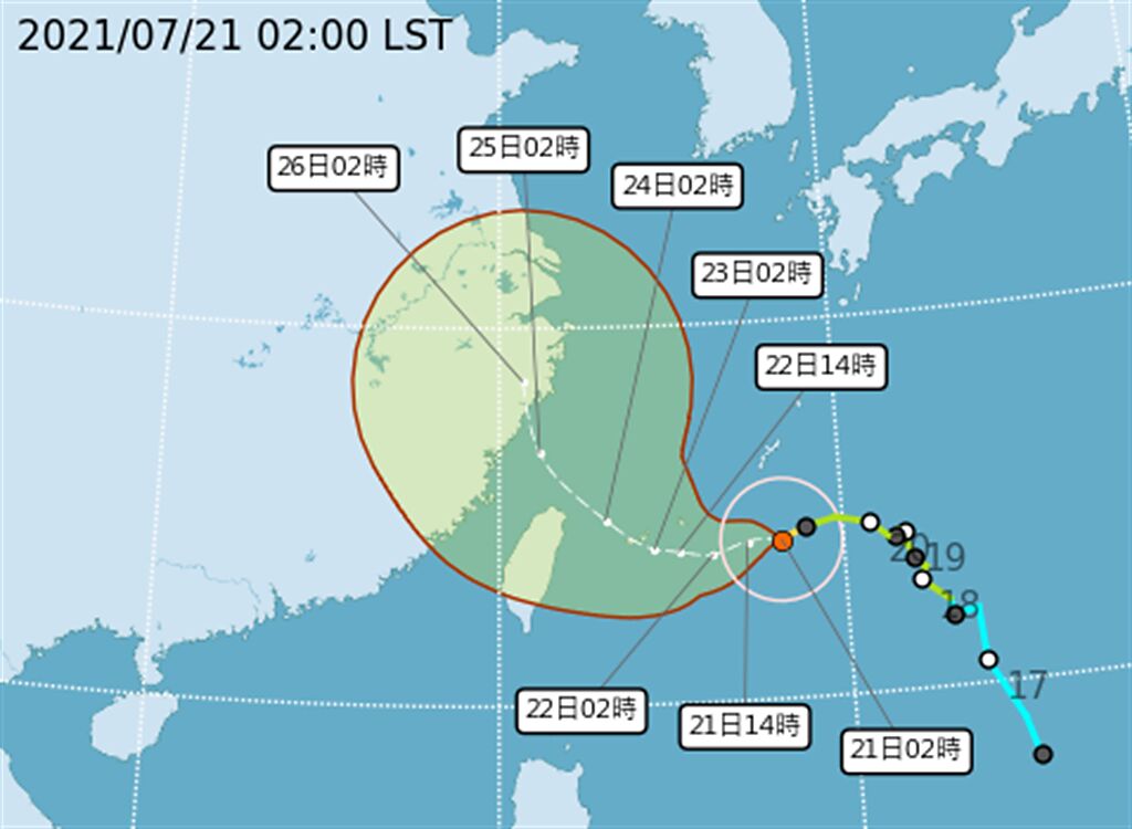 圖為烟花颱風預測路徑，周五、周六通過台灣北部海面。（翻攝自 氣象局）