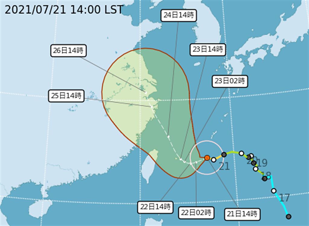 今年第6號中度颱風烟花今（21日）下午2時位置在台北東方570公里之海面上，以每小時11轉5公速度，緩慢朝西南西轉西前進。(氣象局提供)