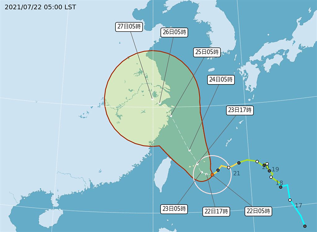 中央氣象局發布中度颱風烟花海上颱風警報