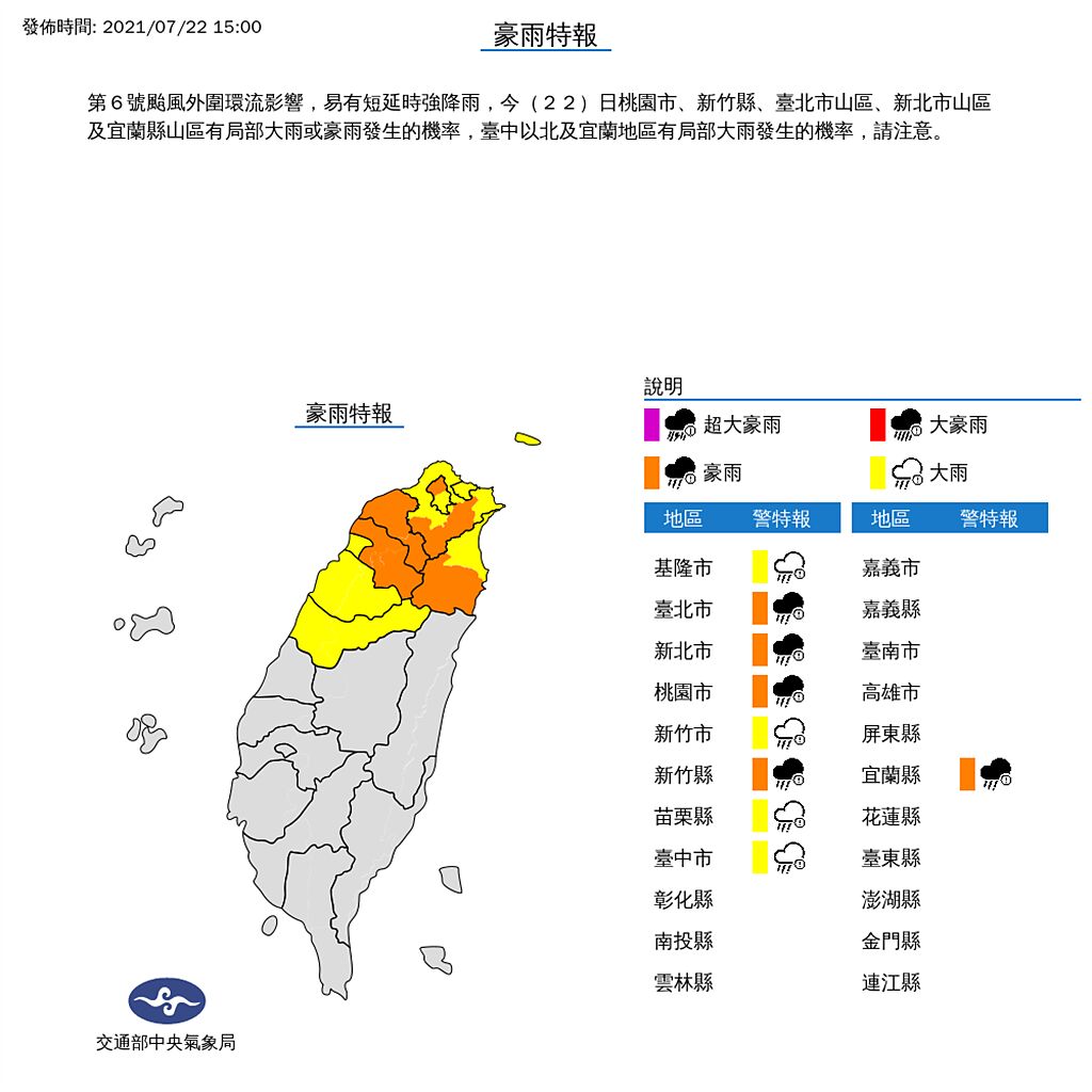 受到中度颱風烟花外圍環流影響，易有短延時強降雨，中央氣象局今（22）日針對北台灣9縣市發布豪大雨特報。(氣象局提供)