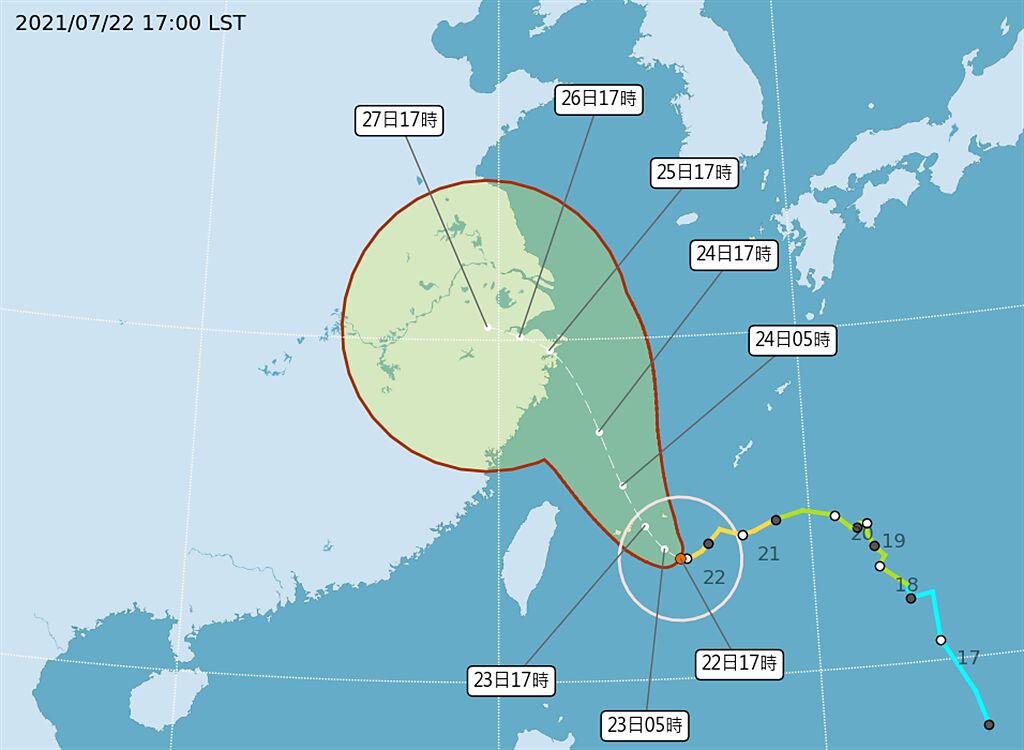 「天氣風險」指出，雖然烟花颱風最後可能以大角度的北轉，但因為颱風環流寬廣，對台灣各地、尤其是北部、中部的天氣還是會有明顯影響。(氣象局提供)