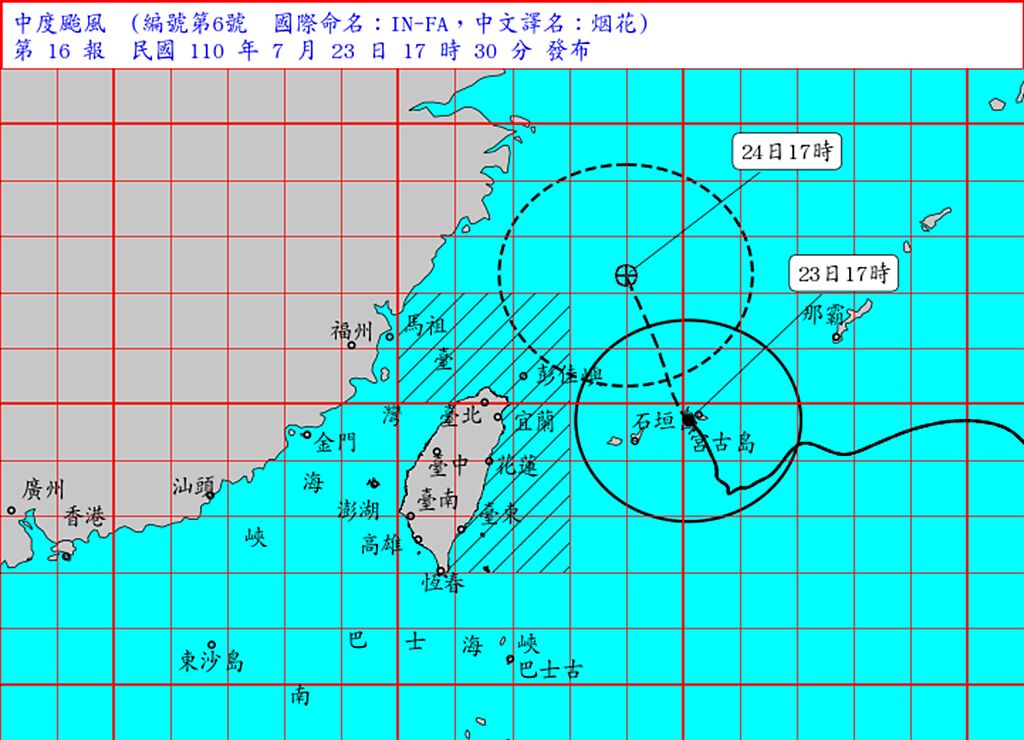 中央氣象局指出，烟花颱風今天17時的中心位置在台北的東方約 360公里海面。（翻攝自中央氣象局／林良齊台北傳真）