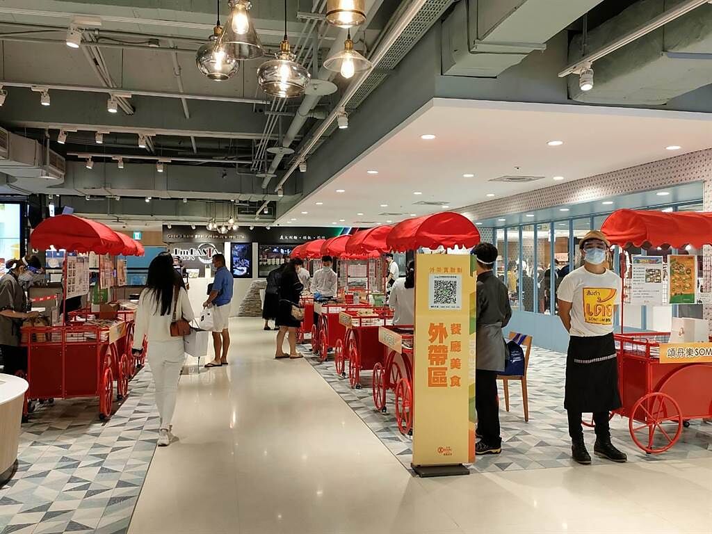 SOGO台北各店配合雙北地方政府規範，百貨內美食街、餐廳不開放內用，提供外帶、美食平台外送服務。（SOGO提供）