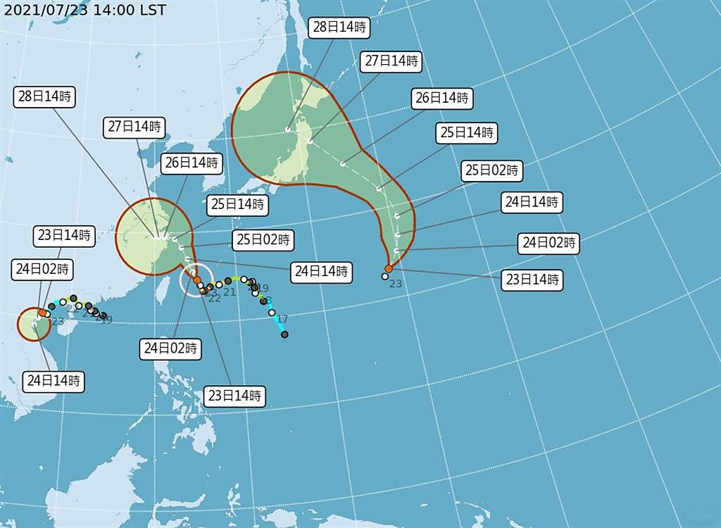 氣象局表示，原位於硫磺島東南方海面的熱帶性低氣壓於今（23）日20時發展為輕度颱風「尼伯特」。（氣象局提供）