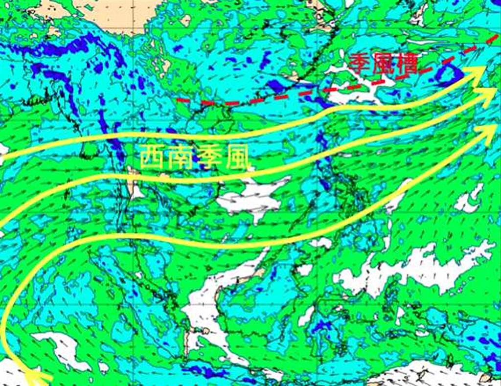 最新歐洲(ECMWF)模式模擬，8月3日12時850百帕風場圖顯示，「西南季風」仍持續影響台灣。(圖截自「三立準氣象· 老大洩天機」)