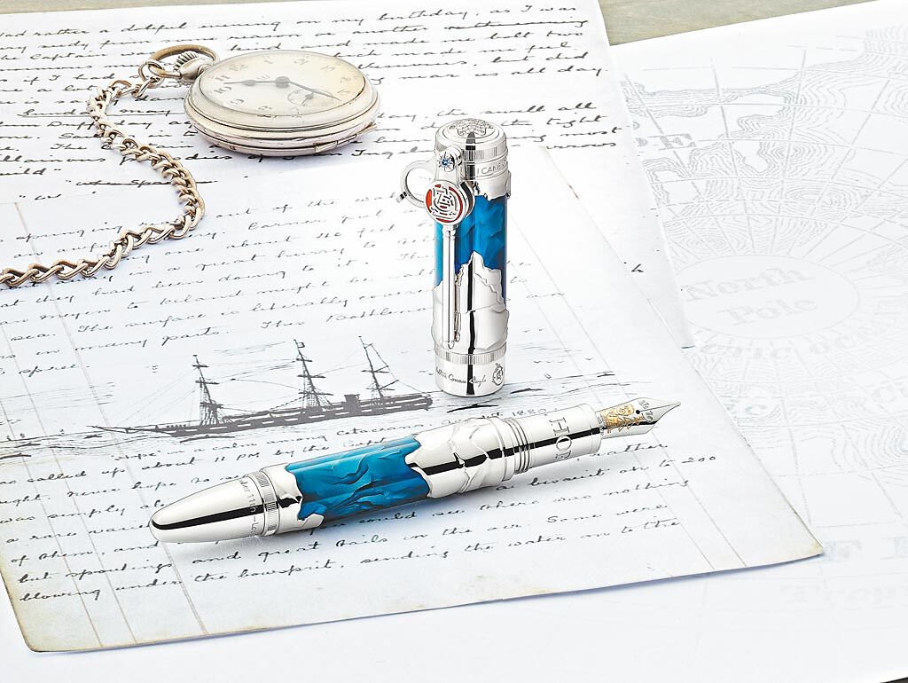 萬寶龍大文豪系列柯南道爾爵士限量版8鋼筆，筆身設計融入柯南道爾20歲前往北極探險為靈感，限量只有8支，16萬5000歐元。（Montblanc提供）